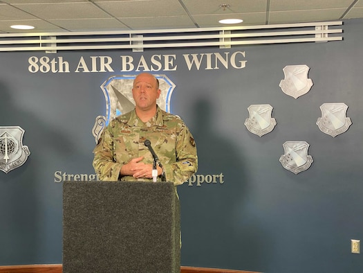 Col. Patrick Miller, 88th Air Base Wing and installation commander, leads a COVID-19 virtual town hall and situation update March 3 from Wright-Patterson Air Force Base. (U.S. Air Force photo/Christopher Warner)