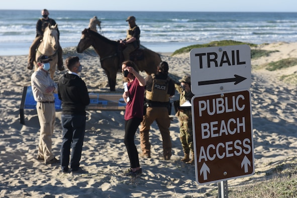 “Meet Surf Beach” attendees discuss beach access near the trail developed by Vandenberg’s Civil Engineer Squadron, which connects Ocean Park to Surf Beach entryway allowing improved access to beach visitors while mitigating the disruption to wildlife on Thursday, Feb. 25, 2021.