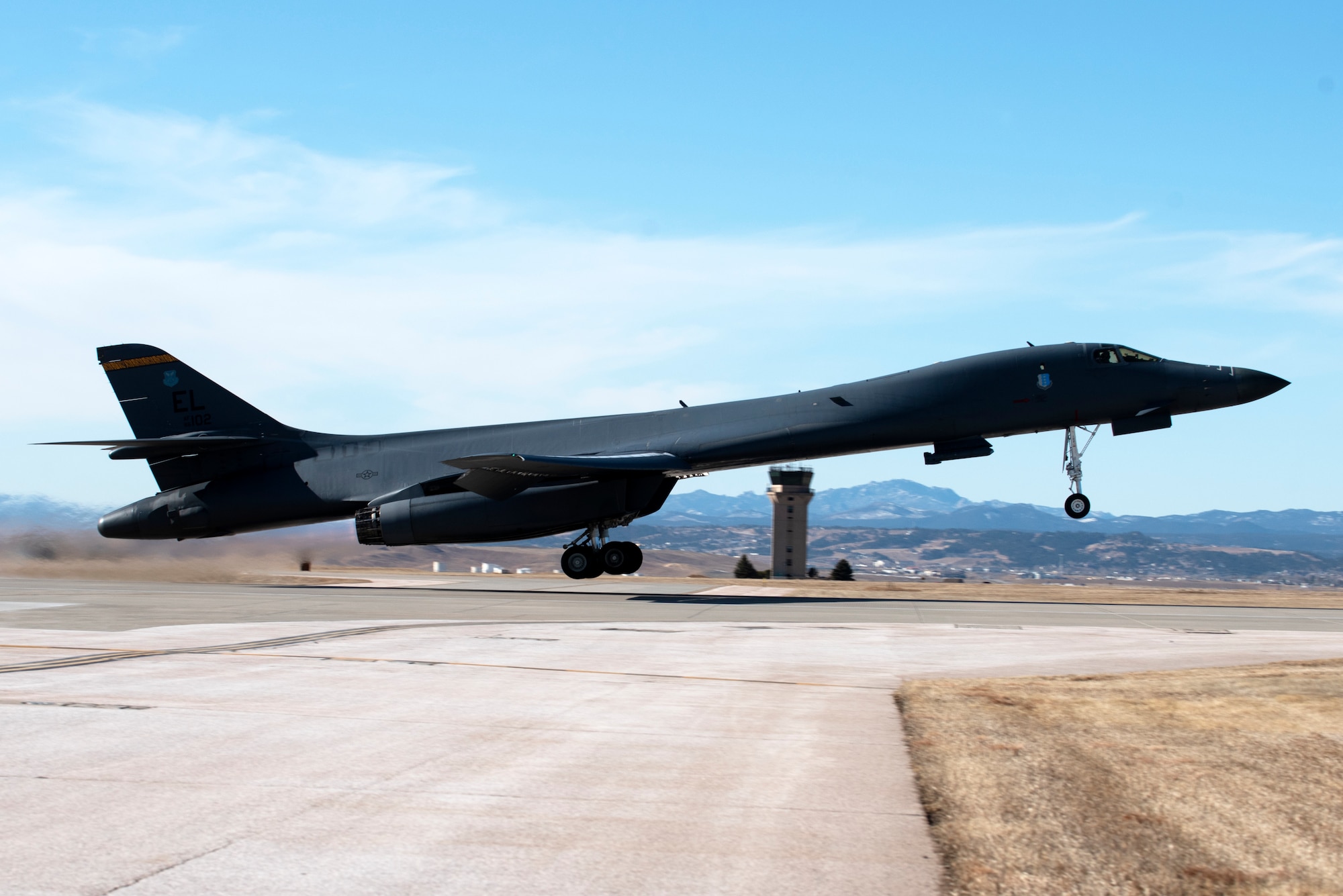 A B-1B Lancer assigned to the 37th Bomb Squadron takes off from Ellsworth Air Force Base, S.D., March 3, 2021. About 200 Ellsworth Airmen and several B-1 bombers are participating in Red Flag 21-2, at Nellis AFB, Nevada, March 8-19. This iteration of Red Flag will host 2,500 U.S. and international participants from a dozen states, Singapore, Sweden and seven NATO member nations.  (U.S. Air Force photo by Airman 1st Class Quentin Marx)