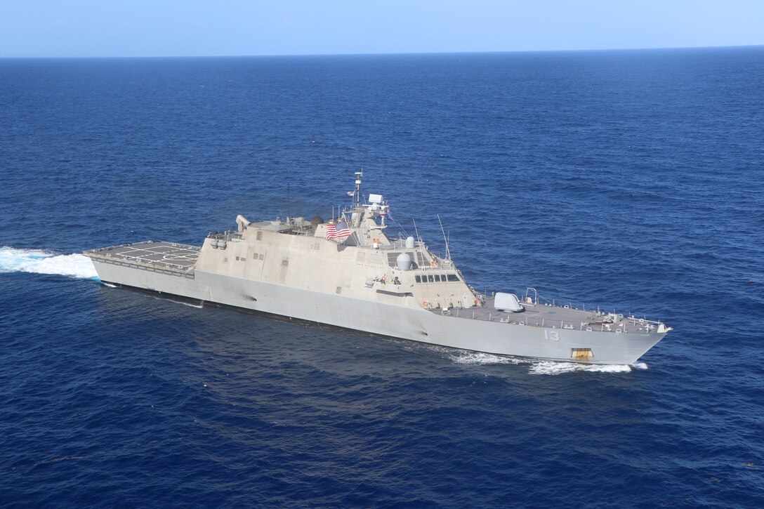 The Freedom-variant littoral combat ship USS Wichita (LCS 13) transits the Caribbean Sea, March 2, 2021.
