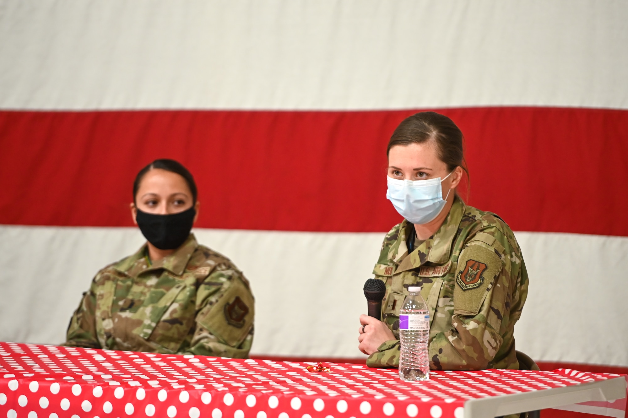 2nd Lt. Kassidi Nudd (right) and 2nd Lt. Michela Infantino, both reservists in the 419th Fighter Wing, speak at a International Women's Day panel, March 8, 2021, held at Hill Air Force Base, Utah.