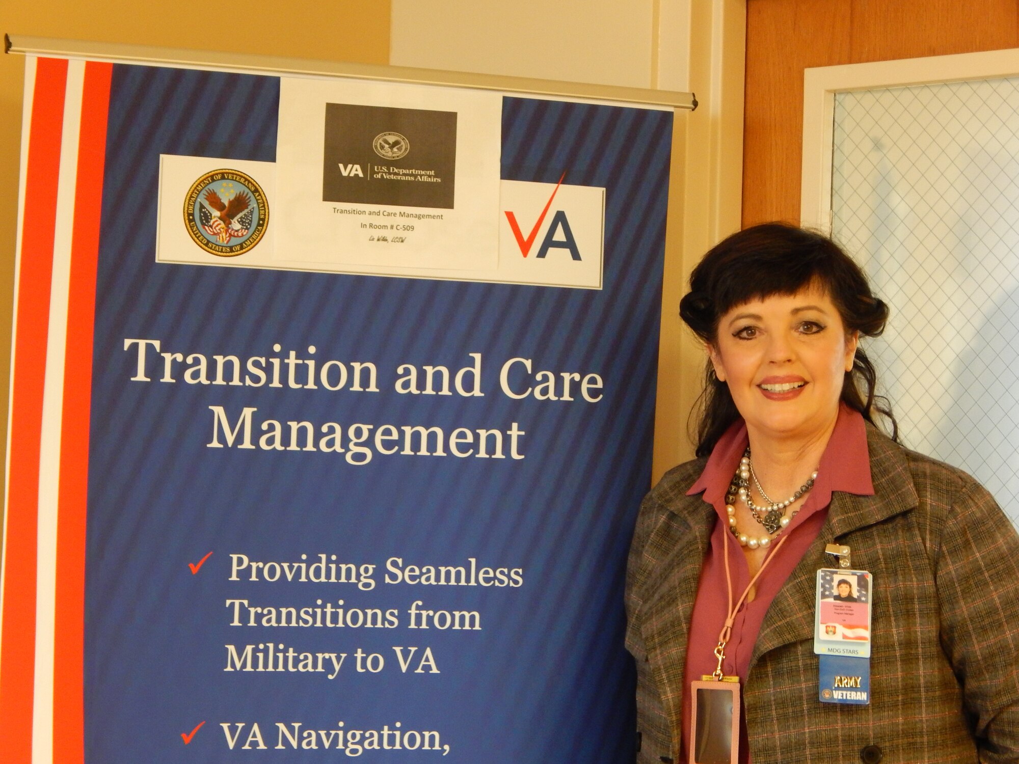 Liz Wilde is the St. Louis Department of Veterans Affairs’ program coordinator for Transition and Care Management. She helps retiring and separating servicemembers by educating them about VA benefits and services. Her office is on the fifth floor at the base medical clinic.