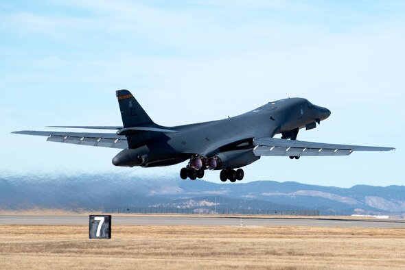 A B-1B Lancer assigned to the 37th Bomb Squadron takes off from Ellsworth Air Force Base, S.D., March 3, 2021. About 200 Ellsworth Airmen and several B-1 bombers are participating in Red Flag 21-2, at Nellis AFB, Nevada, March 8-19. This iteration of Red Flag will host 2,500 U.S. and international participants from a dozen states, Singapore, Sweden and seven NATO member nations.  (U.S. Air Force photo by Airman 1st Class Quentin Marx)