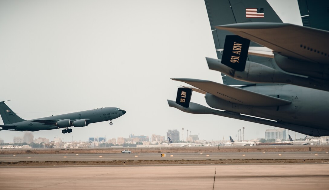 A U.S. Air Force KC-135 Stratotanker aircraft, assigned to the 350th Expeditionary Air Refueling Squadron, takes off to go conduct an air refueling mission during a five-day Air Forces Central Agile Combat Employment Capstone Event in Jeddah, Saudi Arabia, March 3, 2021.