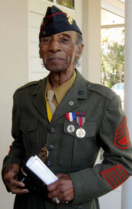Retired Gunnery Sgt. LaSalle R. Vaughn in his U.S. Marine Corps uniform at the funeral of his best friend and next-door neighbor, retired Marine Master Sgt. Frederick Drake, in November 2010.