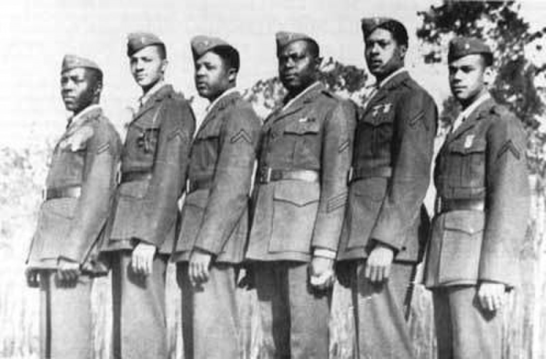 Marines of the first African-American platoon pose in this undated photo. From left are Mortimer A. Cox, Arnold R. Bostick, Edgar R. Davis, Jr., Gilbert H. "Hashmark" Johnson and Edgar R. Huff (the platoon’s drill instructors,) and Charles E. Allen.