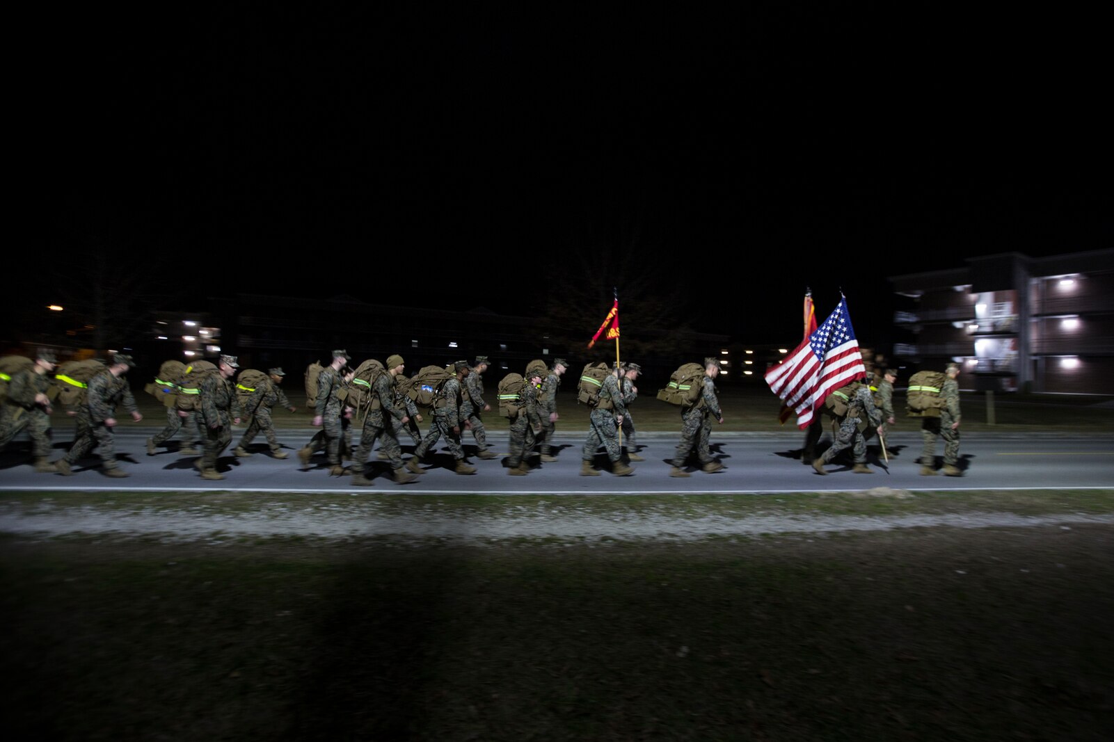 U.S. Marines with II MEF Support Battalion, II Marine Expeditionary Force, conducted a conditioning hike at Camp Lejeune, N.C., Feb. 5, 2021. The hike heightened the physical readiness level of the battalion to deploy as well as improve the comradery amongst the Marines. (U.S. Marine Corps photo by Sgt. Jesus Sepulveda Torres)