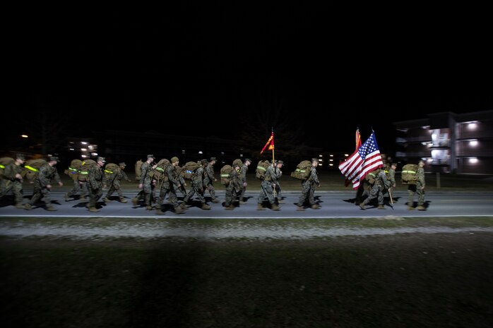 U.S. Marines with II MEF Support Battalion, II Marine Expeditionary Force, conducted a conditioning hike at Camp Lejeune, N.C., Feb. 5, 2021. The hike heightened the physical readiness level of the battalion to deploy as well as improve the comradery amongst the Marines. (U.S. Marine Corps photo by Sgt. Jesus Sepulveda Torres)