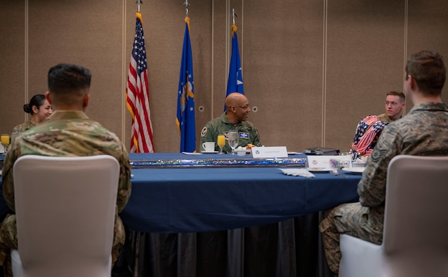 Gen. Brown speaks with Nellis Airmen