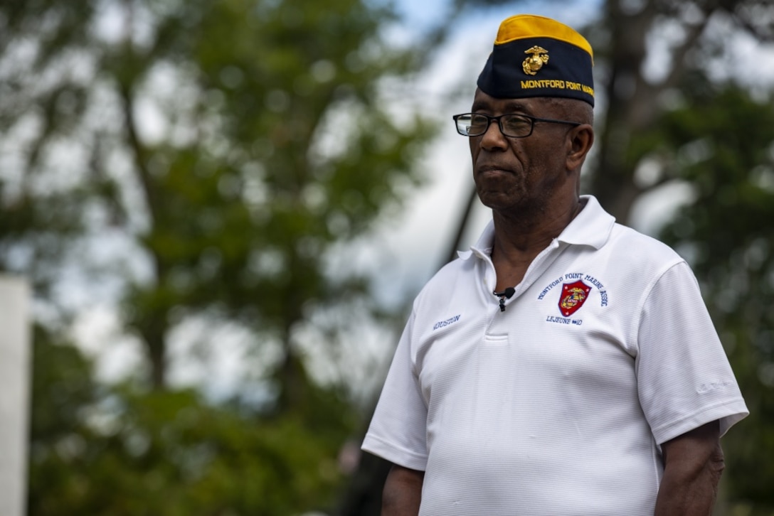 Houston Shinal, the previous national monument director for the National Montford Point Marine Association, conducts an interview about the Montford Point Marines at the Montford Point Marines Memorial in Jacksonville, North Carolina, Aug 17, 2020.