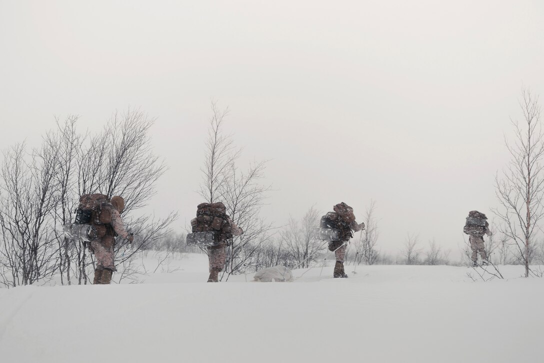 Four Marines ski in the snow.