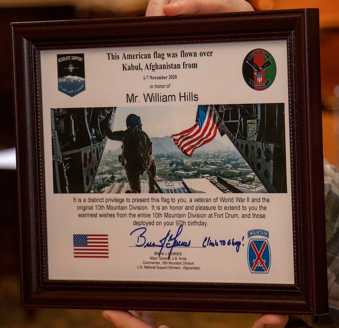 Maj. Gen. Brian Mennes, Commander, 10th Mountain Division, provided a certificate wishing William Hills of Freeport, Illinois, a 97th birthday Jan. 29.