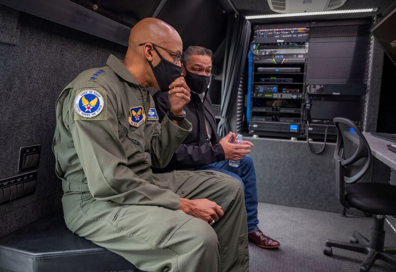 Air Force Chief of Staff Gen. Charles Q. Brown, Jr. is briefed on the Multi-Utilization Secure Tactical and Network Ground Station, or MUSTANGS, capabilities by Paul Martinez, director of the Flight Test and Data Center, at Nellis Air Force Base, Nev., March 4, 2021. MUSTANGS were designed to provide secure data-relaying capability throughout the combat Air Force.