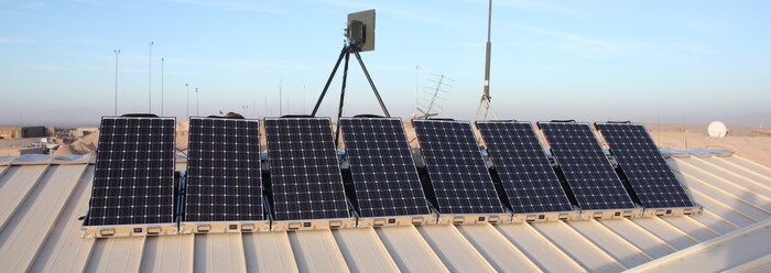 Solar panels used to collect energy emitted by the sun are mounted to the roof of Shock Trauma Platoon