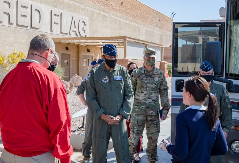 Air Force Chief of Staff Gen. Charles Q. Brown, Jr. is briefed on 5G capabilities by members of the United States Air Force Warfare Center at Nellis Air Force Base, Nev., March 4, 2021. Nellis AFB was one of the first five Department of Defense bases named to host the new 5G technology, and the only base specifically tasked to identify warfighting use cases for 5G.