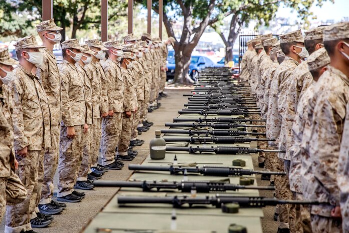 Recruits with Echo Company, 2nd Recruit Training Battalion, receive their M16A4 rifles during a rifle issue at Marine Corps Recruit Depot, San Diego, March 1, 2021.
