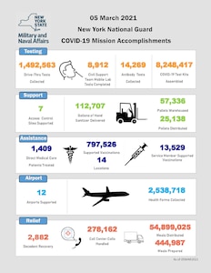 The New York National Guard mobilized over 6,000 troops to respond to the COVID-19 pandemic in the one year since the first 270 Soldiers and Airmen responded to Gov. Andrew M. Cuomo's mobilization order March 10, 2020. This chart reflects the massive amount of work members of the New York Army and Air National Guard, New York Naval Militia and New York Guard have accomplished over 365 days.