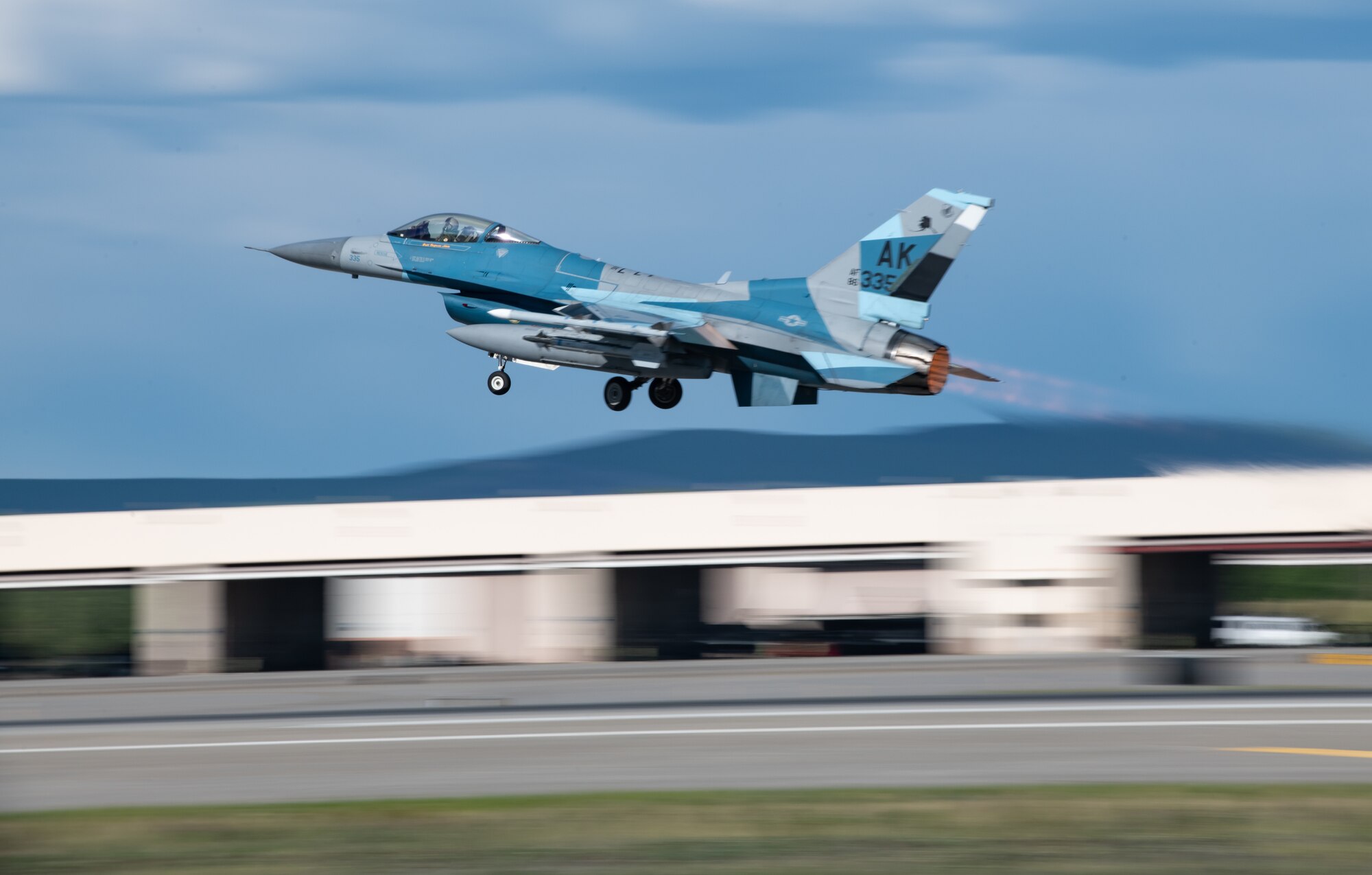 A U.S. Air Force F-16C Fighting Falcon assigned to the 18th Aggressor Squadron takes off during Northern Edge, May 20, 2019, from Eielson Air Force Base, Alaska. Northern Edge is designed to sharpen participants’ tactical combat skills, to improve command, control and communication relationships and to develop plans and programs across the Joint Force. (U.S. Air Force photo by Staff Sgt. Micaiah Anthony)
