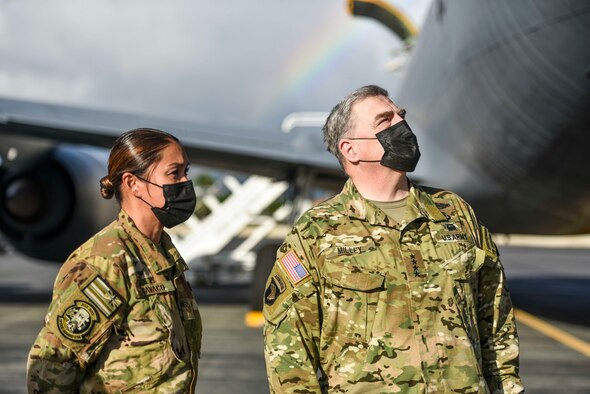 The Chairman of the Joint Chiefs of Staff U.S. Army Gen. Mark A. Milley  speaks with members of the 203d Air Refueling Squadron, Hawaii Air National Guard on Hickam Field at Joint Base Pearl Harbor-Hickam, Hawaii, March 4, 2021.