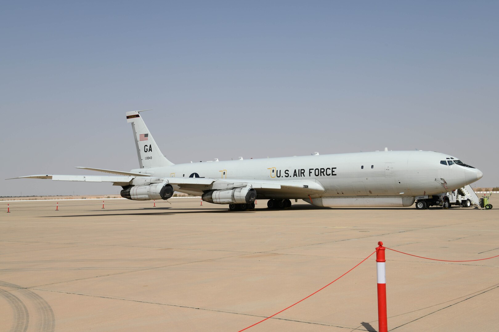 An E-8C Joint Surveillance Target Attack Radar System aircraft sits on the flightline at Prince Sultan Air Base, Kingdom of Saudi Arabia, March 1, 2021.
