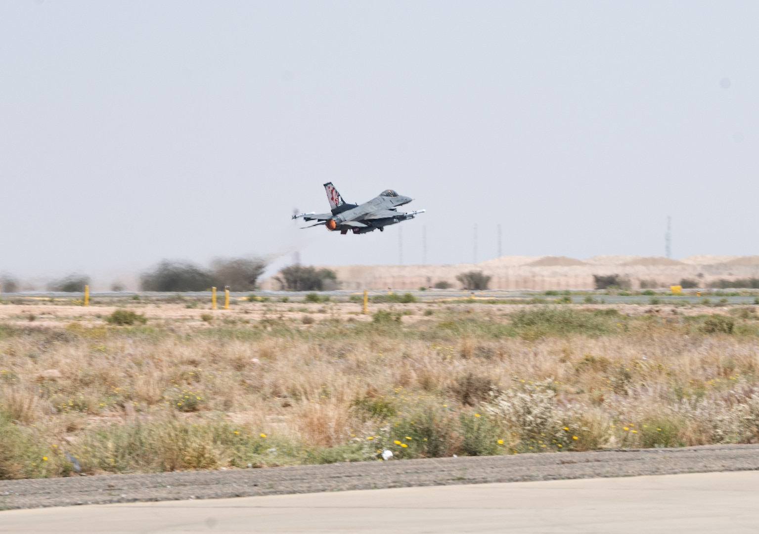 An F-16 Fighting Falcon, assigned to the 77th Expeditionary Fighter Squadron, takes off during an Agile Combat Employment capstone event Feb. 27, 2021, at an airbase in the Kingdom of Saudi Arabia.