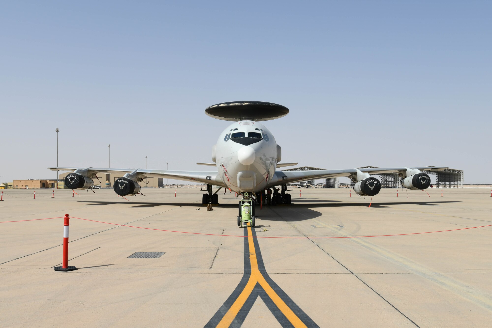 An E-3 Sentry (AWACS) sits on the flightline at Prince Sultan Air Base, Kingdom of Saudi Arabia, March 1, 2021.
