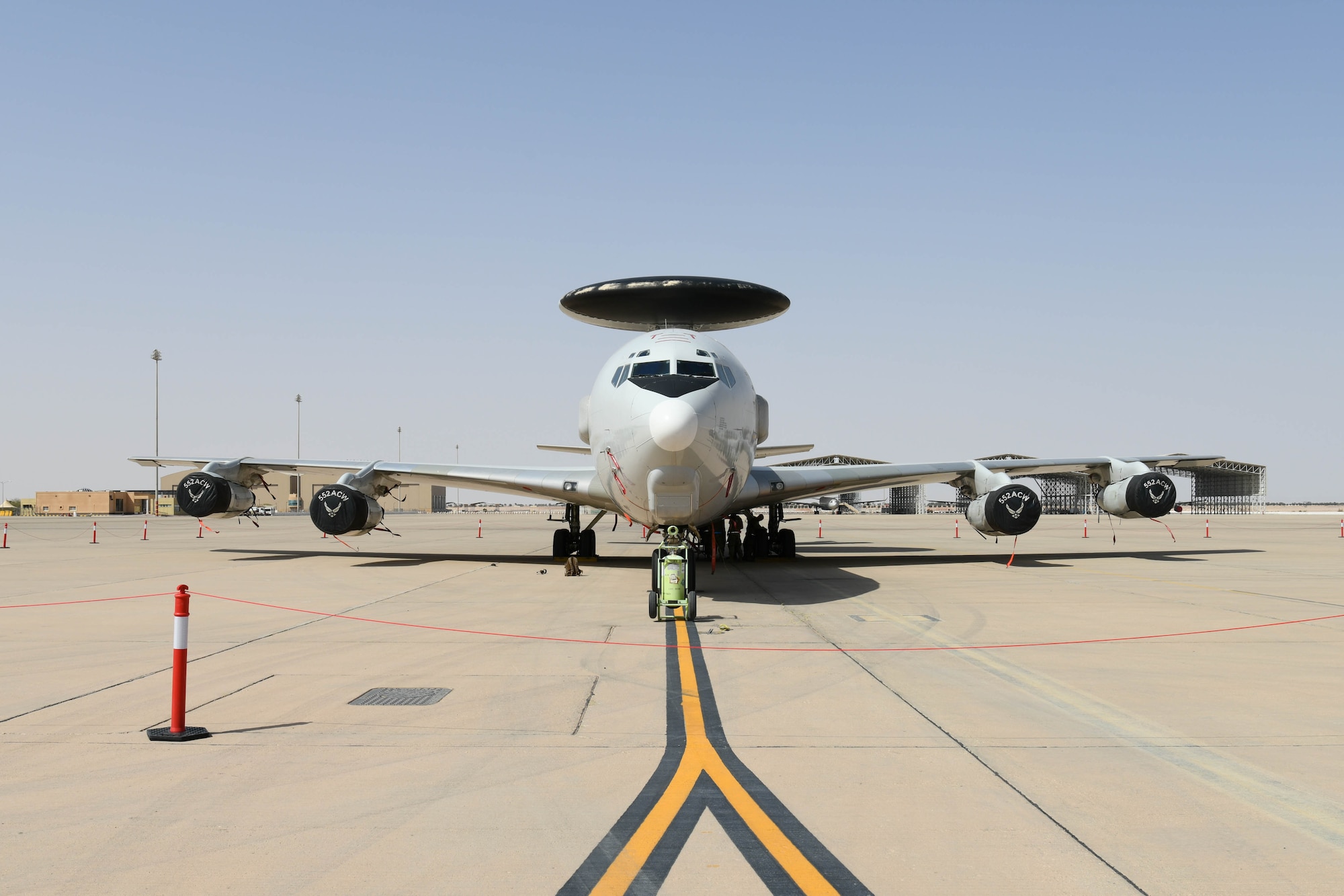 An E-3 Sentry (AWACS) sits on the flightline at Prince Sultan Air Base, Kingdom of Saudi Arabia, March 1, 2021.