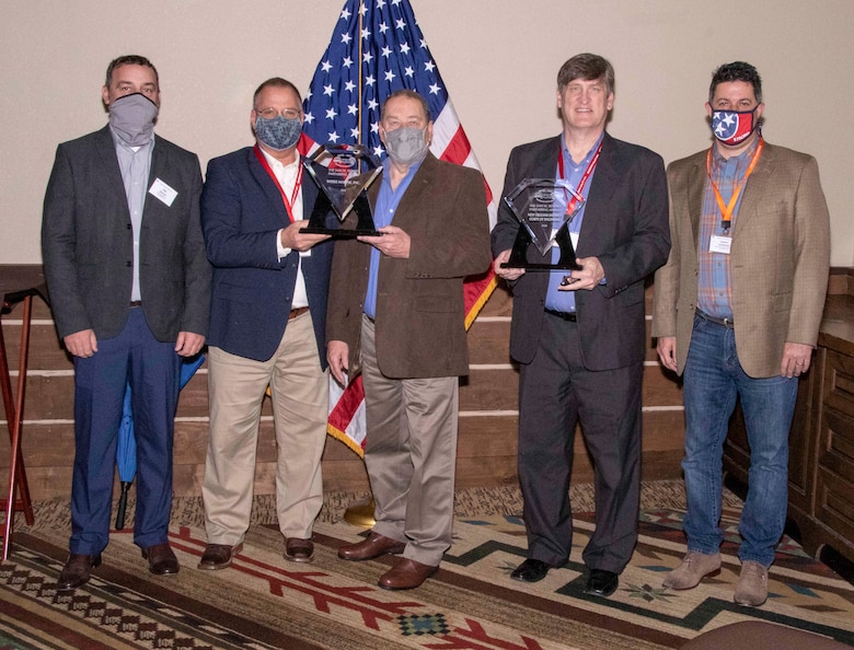 IN THE PHOTO, the Mississippi Valley, the Associated General Contractors of America (AGC), the Mississippi Valley Division, and the U.S. Army Corps of Engineers (USACE) all met for an event known as the Mississippi Valley Construction Roundtable, which was held in downtown Memphis, Tennessee this year on Feb. 18 and 19. This annual meeting afforded the U.S. Army Corps of Engineers and Associated General Contractors of America an opportunity to recognize contractors and engineering staff that have exhibited outstanding safety practices in delivering USACE projects. One of these awards are pictured above. (USACE photo by Vance Harris)