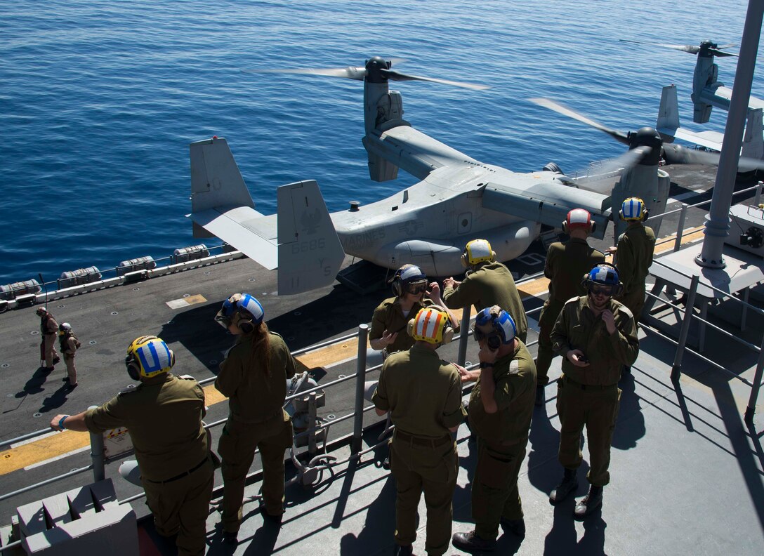 MEDITERRANEAN SEA (March 7, 2018) Members of the Israeli Defense Force observe flight operations aboard the Wasp-class amphibious assault ship USS Iwo Jima (LHD 7), March 7, during exercise Juniper Cobra 2018 (JC18). JC18 is a computer-assisted exercise that is conducted through computer simulations focused on improving combined missile defense capabilities and overall interoperability between U.S. European Command and the Israel Defense Force. (U.S. Navy photo by Mass Communication Specialist 3rd Class Joe J. Cardona Gonzalez/Released)