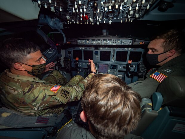 210306-N-NO901-0001 SIGONELLA, Italy (March 6, 2021) Gen. Stephen Townsend, U.S. Africa Commander, (left), receives a guided tour of a Patrol Squadron (VP) 46 P-8A Poseidon maritime patrol aircraft, March 6, 2021. VP-46 is currently forward-deployed to U.S. Sixth Fleet and is assigned to Commander, Task Force 67, responsible for tactical control of deployed maritime patrol and reconnaissance squadrons throughout Europe and Africa. U.S. Sixth Fleet, headquartered in Naples, Italy, conducts a full spectrum of joint and naval operations, often in concert with allied and interagency partners, in order to advance U.S. national security interests and stability in Europe and Africa. (U.S. Navy photo by Mass Communication Specialist 2nd Class Austin Ingram/ Released)