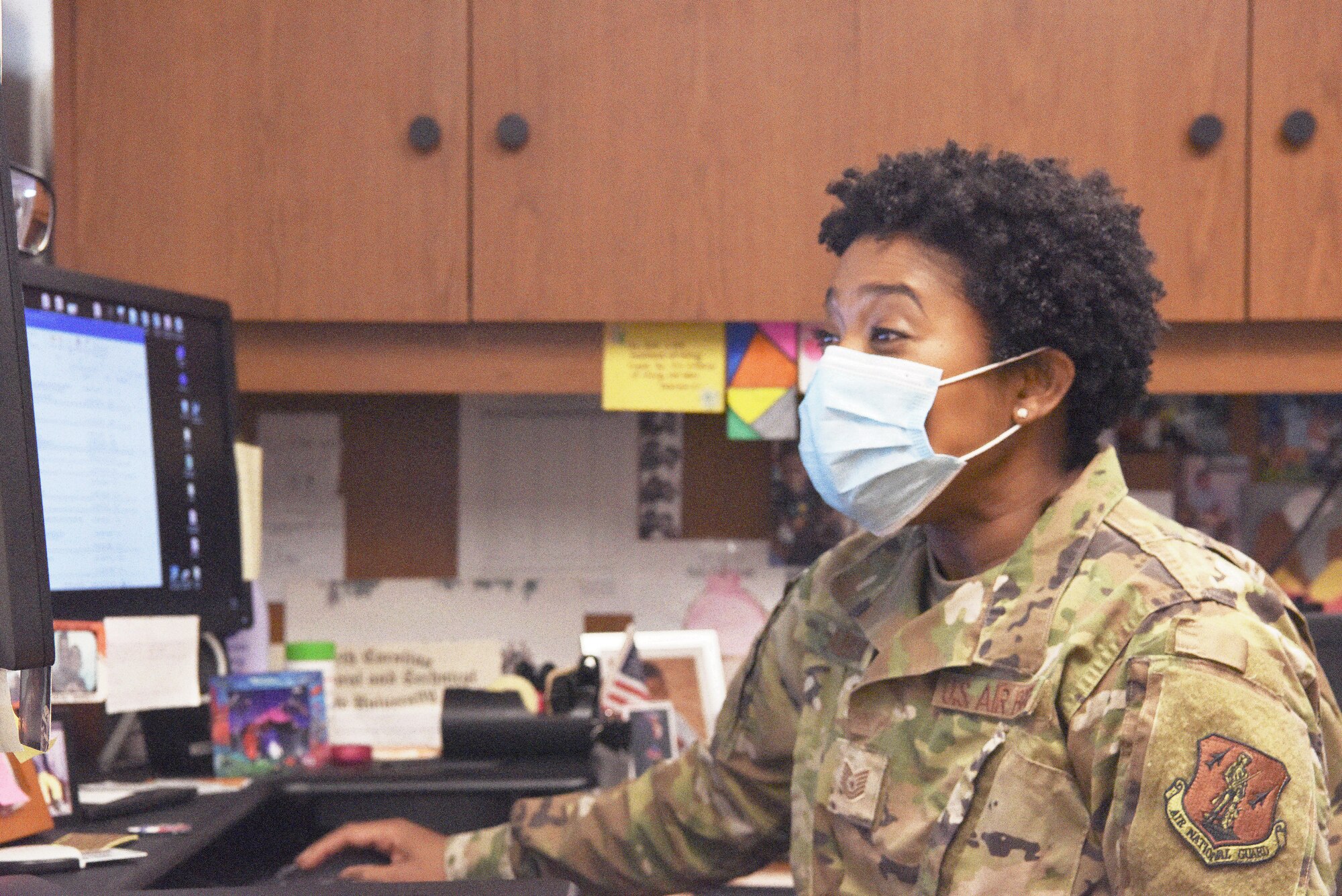 U.S. Air Force Tech. Sgt. Devan Abram, 145th Airlift Wing recruiter, pauses to discuss the new hair regulations at the North Carolina Air National Guard Base, Charlotte Douglas International Airport, Mar. 6, 2021. Effective Feb. 2021, Air Force females are allowed to wear one or two braids, or a ponytail not exceeding the length of their underarm inseam. They may also have bangs that touch their eyebrows.