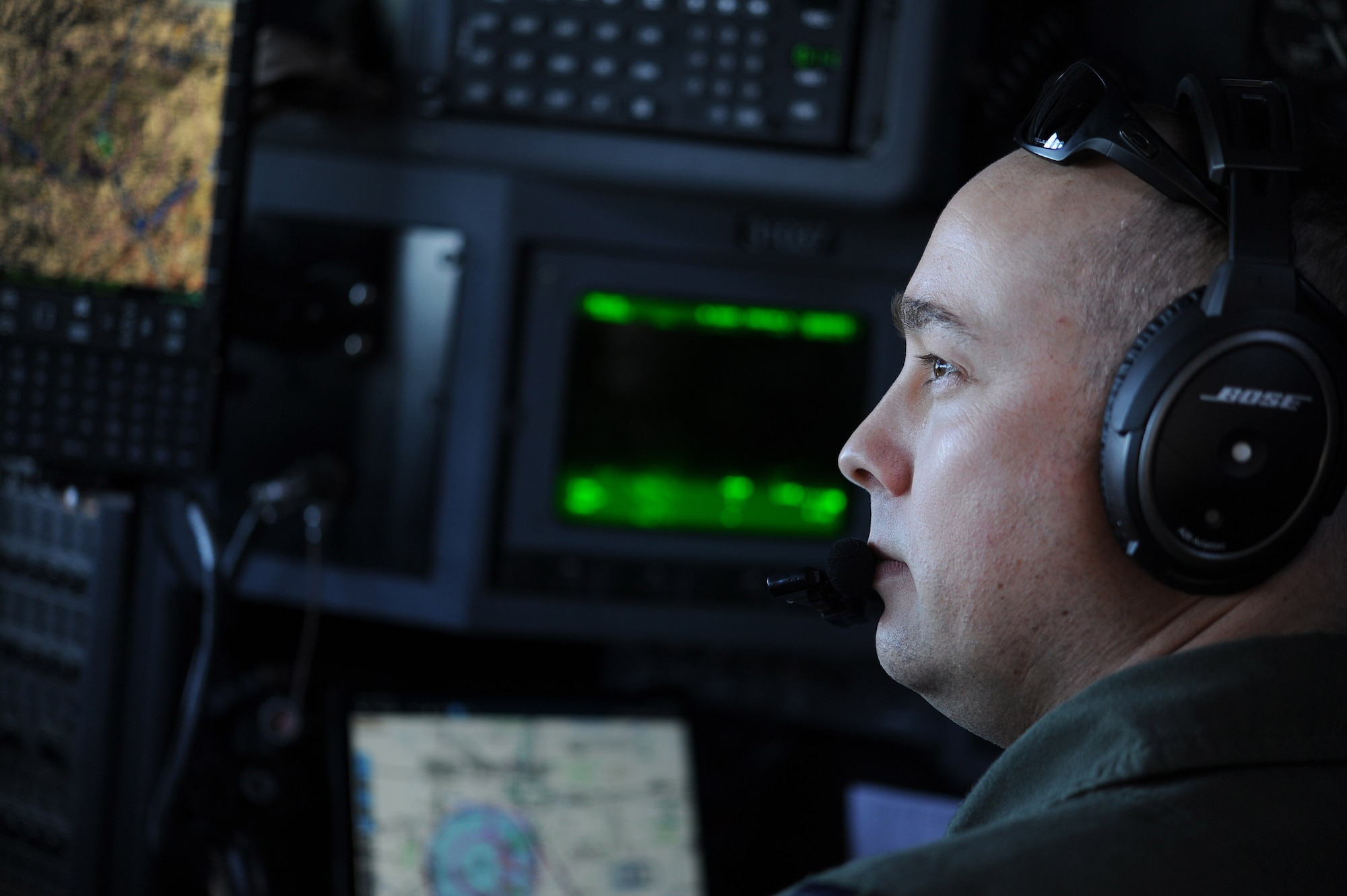 Capt. Stephen D. Shearer, a 700th Airlift Squadron navigator, flies over Rome, Ga. March 4, 2021. Multiple C-130s flew together as part of Baltic Wolf 2021, a large formation exercise incorporating other units within the Air Force Reserve Command. (U.S. Air Force photo by Senior Airman Kendra A. Ransum)