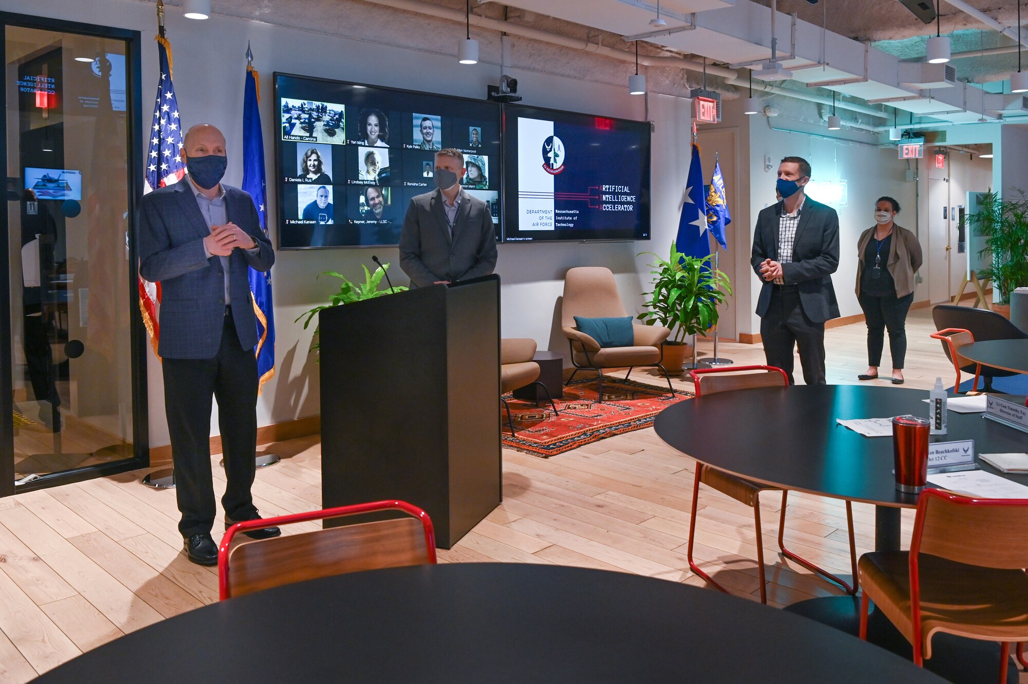 Air Force Vice Chief of Staff Gen. David W. Allvin, left, addresses members of Air Force Life Cycle Management Center Detachment 12, Kessel Run, during a tour of their headquarters in Boston, March 8, 2021, while Col. Tucker Hamilton, center, Massachusetts Institute of Technology AI Accelerator director, and Col. Brian Beachkofski, Det. 12 commander, look on. (U.S. Air Force photo by Todd Maki)