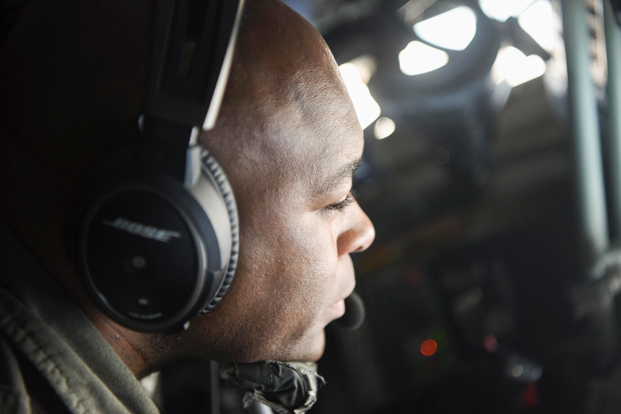 U.S. Air Force Master Sgt. Mark Smith, 100th Operations Support Squadron boom operator, communicates with the aircrew of an approaching B-1B Lancer aircraft assigned to the 7th Bomb Wing, Dyess Air Force Base, Texas, prior to delivering fuel during a Bomber Task Force mission over the North Sea, March 3, 2021. The wing’s air refueling capabilities support U.S. strategic bombers in responding to changes in the operational environment. (U.S. Air Force photo by Senior Airman Joseph Barron)