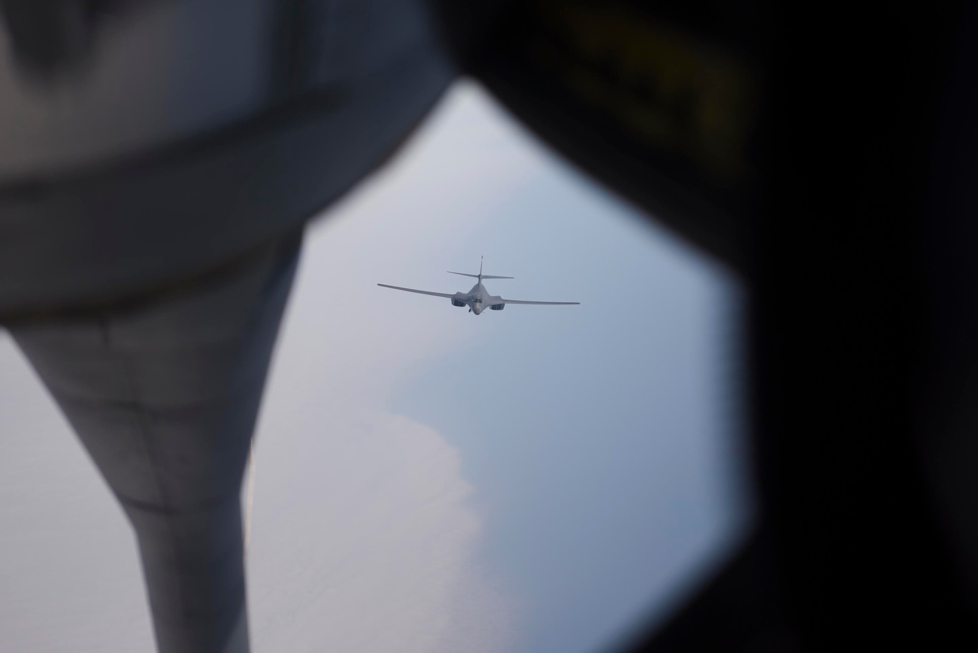 A U.S. Air Force B-1B Lancer aircraft assigned to the 7th Bomb Wing, Dyess Air Force Base, Texas, approaches a KC-135 Stratotanker aircraft assigned to the 100th Air Refueling Wing, Royal Air Force Mildenhall, England, to receive fuel during a Bomber Task Force mission over the North Sea, March 3, 2021. RAF Mildenhall’s aerial refueling capabilities enable strategic bombers to contribute to stability in the European theater. (U.S. Air Force photo by Senior Airman Joseph Barron)
