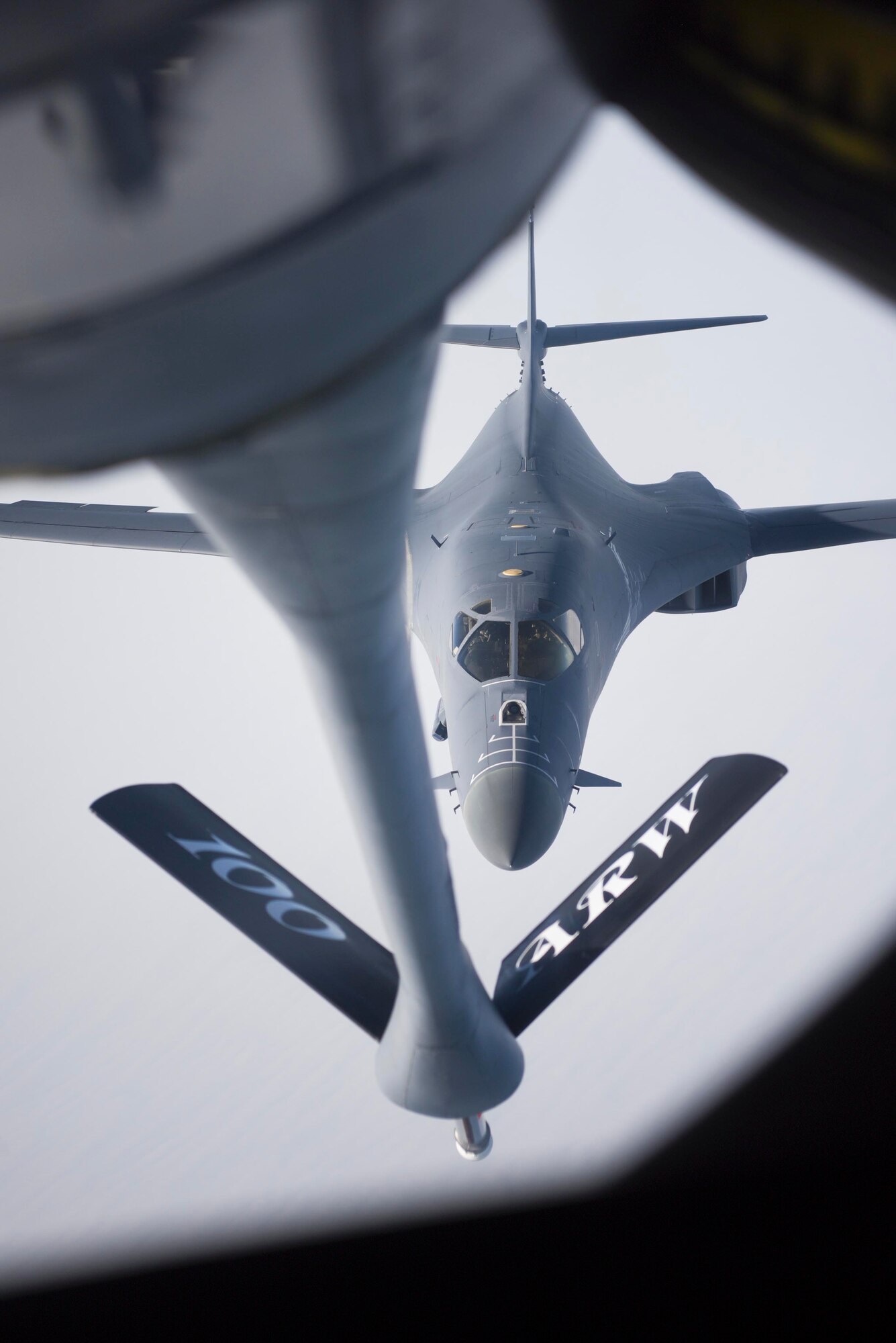 A U.S. Air Force B-1B Lancer aircraft assigned to the 7th Bomb Wing, Dyess Air Force Base, Texas, departs from a KC-135 Stratotanker aircraft after receiving fuel during a Bomber Task Force mission over the North Sea, March 3, 2021. U.S. bomber aircraft contribute to European regional security with the support of U.S. Air Forces in Europe and Air Forces Africa’s only permanent air refueling wing. (U.S. Air Force photo by Senior Airman Joseph Barron)