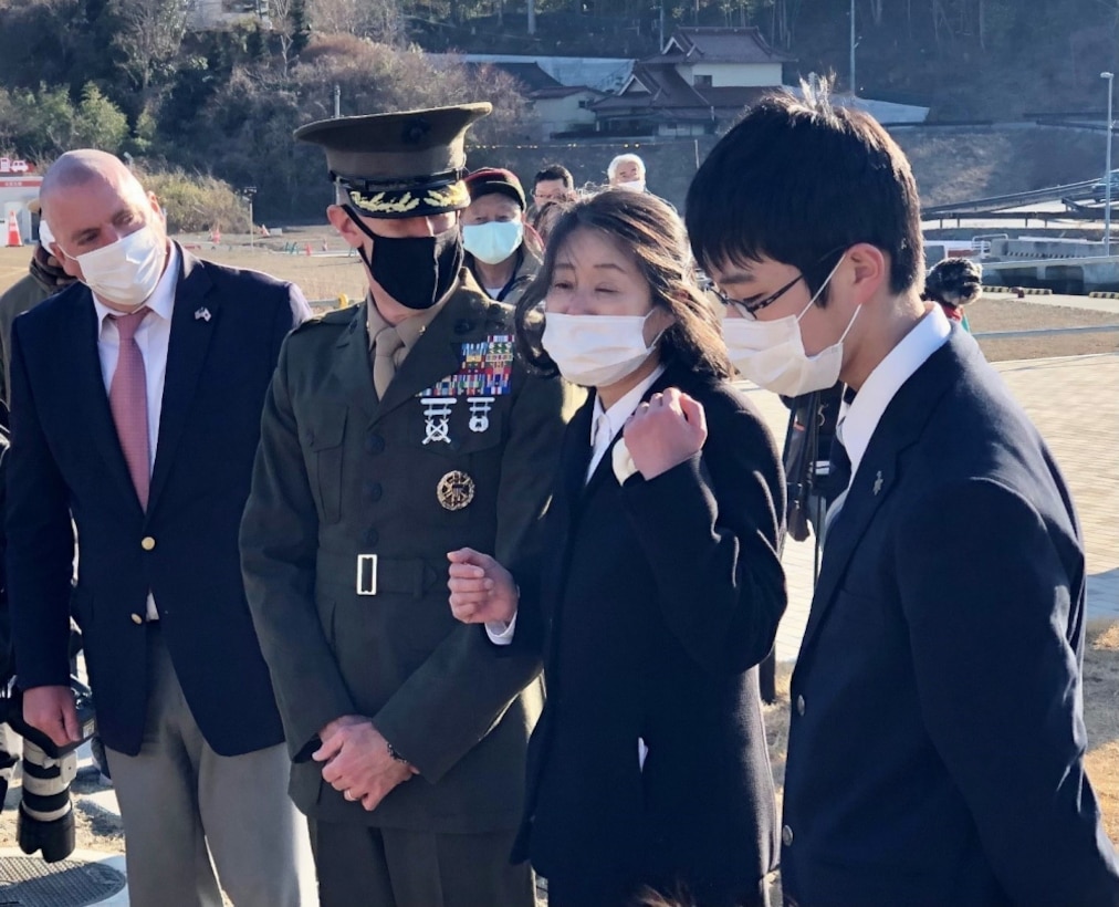 On March 7, Marines from the U.S. Embassy Tokyo and 3D Marine Expeditionary Brigade attended the Oshima Island 10-year anniversary of the 3-11 Great East Japan Earthquake, tsunami and nuclear disaster and subsequent US response Operation Tomodachi. The people of the island unveiled a memorial inscribed with “Friendship Forever,” honoring the strong relationship between themselves and Okinawa Marines. Attendees included city officials and citizens who survived the disaster and worked with the 31st Marine Expeditionary Unit which conducted extensive humanitarian assistance and disaster relief in the area. The work underscored the importance of interoperability with our Japan Self-Defense Force partners in support of the Japan/US alliance. 3D MEB also responded to the disaster, working in Sendai area, and remains resilient, ready and relevant to work with our Japanese friends to respond to crisis in the future.