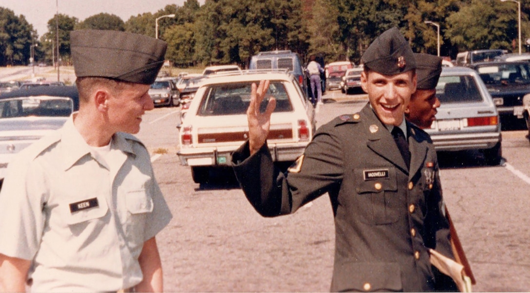 Walking along with battle buddies, Pfc. Stephen Iacovelli is all smiles following his advanced individual training graduation at Fort Lee in 1985. Iacovelli trained as a 76C equipment records and parts specialist (now a 92A automated logistics specialist).