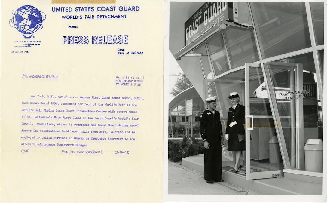 Two Coast Guard personnel outside of the Coast Guard Information Building at the 1965 World's Fair in New York.