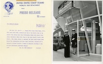 Two Coast Guard personnel outside of the Coast Guard Information Building at the 1965 World's Fair in New York.