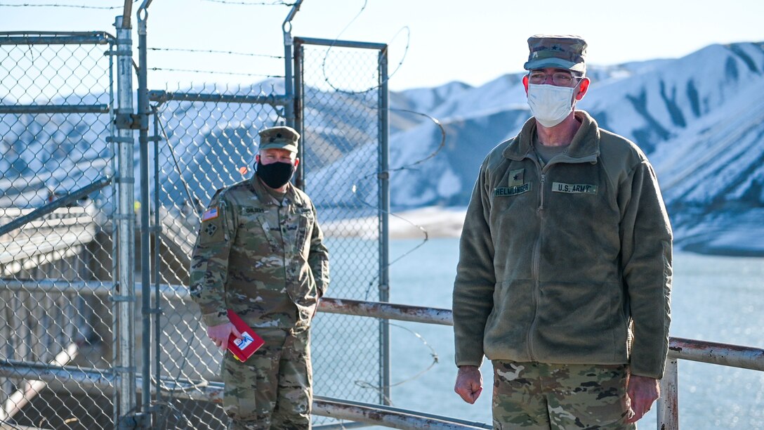 Brig. Gen. D. Peter Helmlinger, commander of the Corps’ Northwestern Division, and Lt. Col. Richard Childers, commander of the Walla Walla District, toured the Lucky Peak Dam Project, in Boise, Idaho, Thursday March 4.The tour was a way for district staff to discuss seasonal operating procedures during the pandemic.