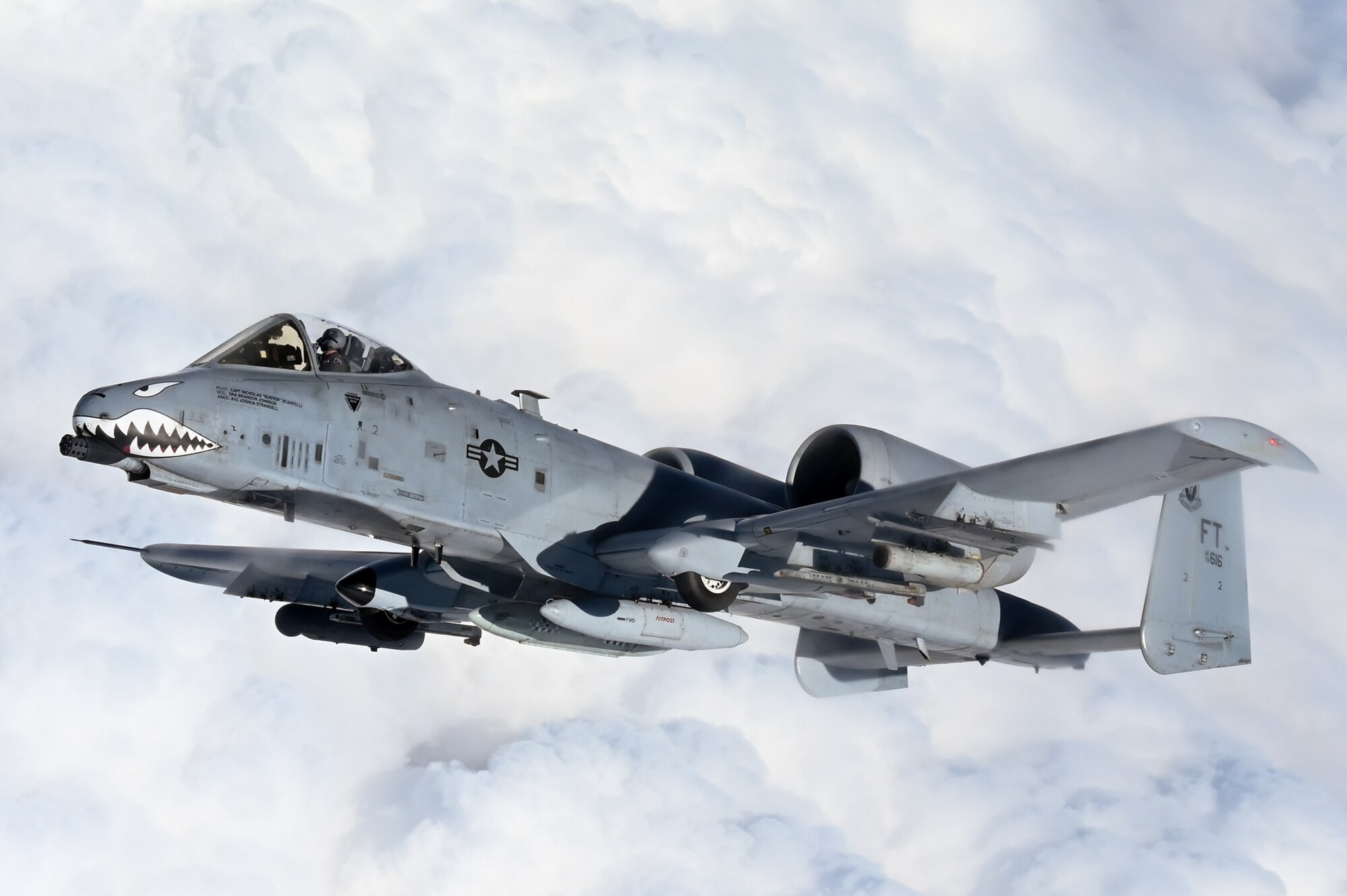 An A-10 Thunderbolt II from the 75th Fighter Squadron, Moody Air Force Base, Georgia, refuels from a KC-135 Stratotanker from 465th Air Refueling Squadron, Tinker Air Force Base, Oklahoma, on their way to Red Flag March 5, 2021. Refueling with the Okies allowed the A-10s to make it to the exercise without having to land. (U.S. Air Force Base photo by Senior Airman Mary Begy)