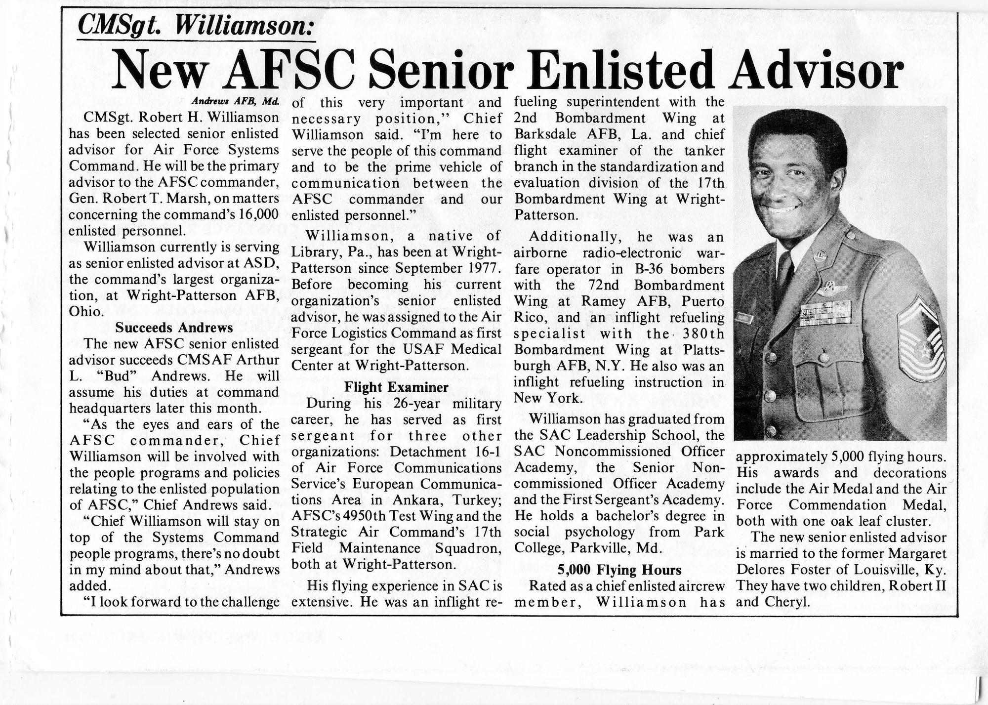 A news article about Chief Master Sgt. Robert Williamson