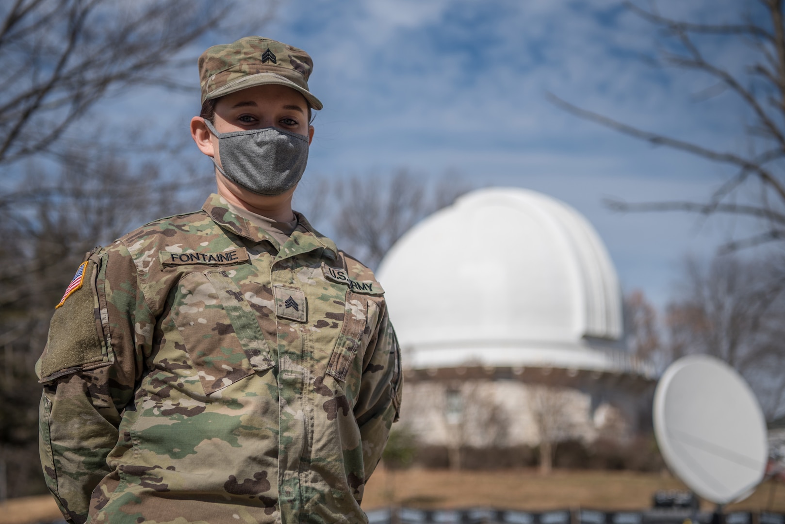 Sgt. Christina Fontaine, with the Vermont National Guard’s medical detachment, poses for a photo at the United States Naval Observatory in Washington, D.C., Feb. 17, 2021. The National Guard has been requested to continue supporting federal law enforcement agencies with security, communications, medical evacuation, logistics and safety support to state, district and federal agencies through mid-March. (U.S. Air National Guard photo by Staff Sgt. Joshua Horton)