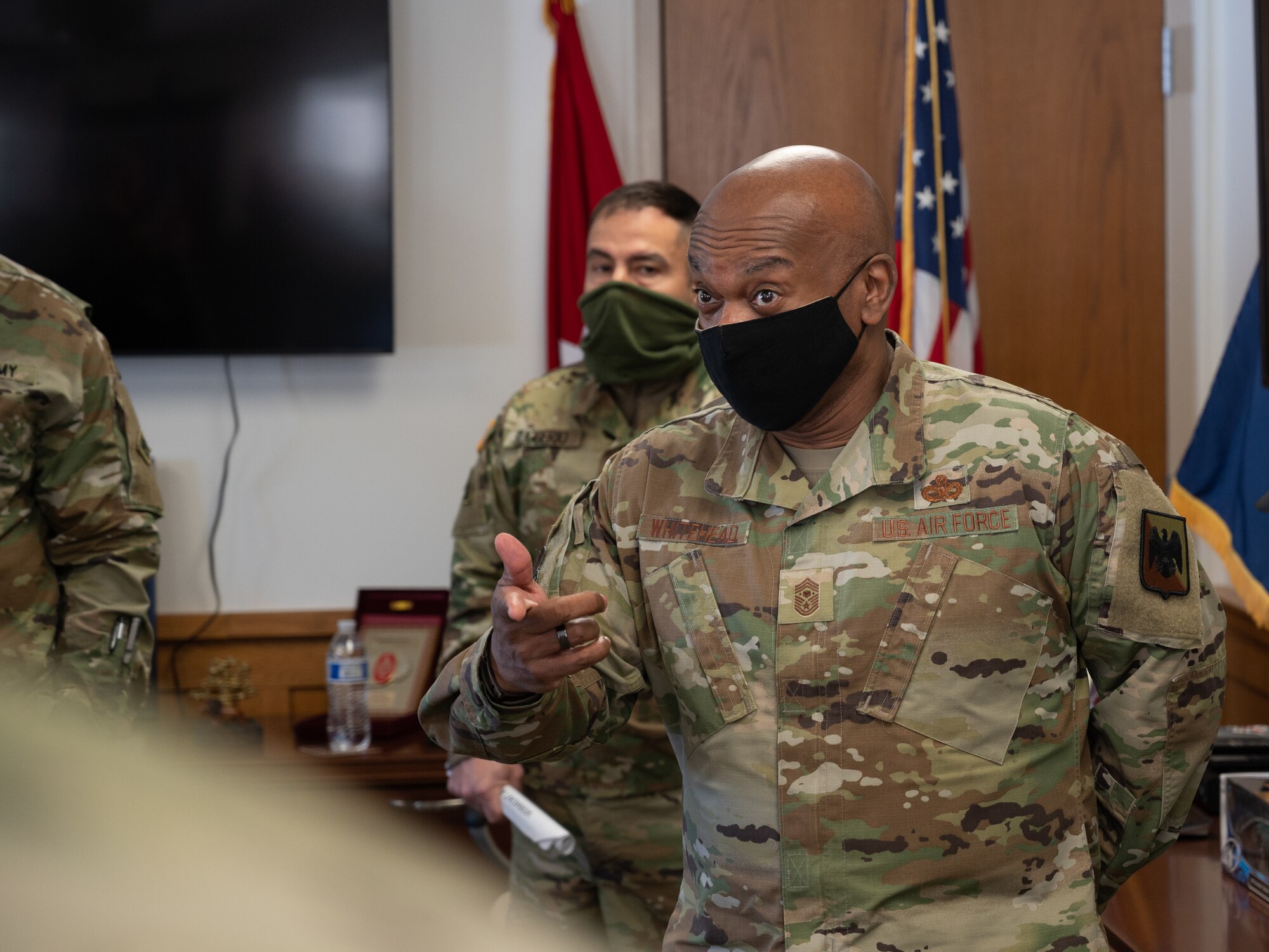 Senior enlisted advisor of the National Guard Bureau, Chief Master Sgt. Tony L. Whitehead, speaks to Airmen assigned to the 158th Fighter Wing.