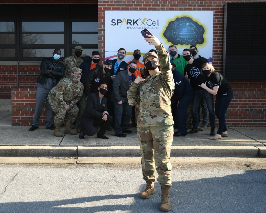 Chief Master Sgt. of the Air Force JoAnne Bass takes a selfie with SparkX Cell Innovation and Idea Center staff during a base tour at Joint Base Andrews, Md., on March 4, 2021.