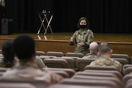 Chief Master Sgt. of the Air Force JoAnne Bass speaks to Joint Base Andrews Airmen at the Andrews Theater on JBA, Md., March 4, 2021.