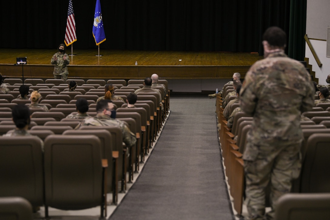 Chief Master Sgt. of the Air Force JoAnne Bass answers a question from an attendee at the Andrews Theater on JBA, Md., March 4, 2021.