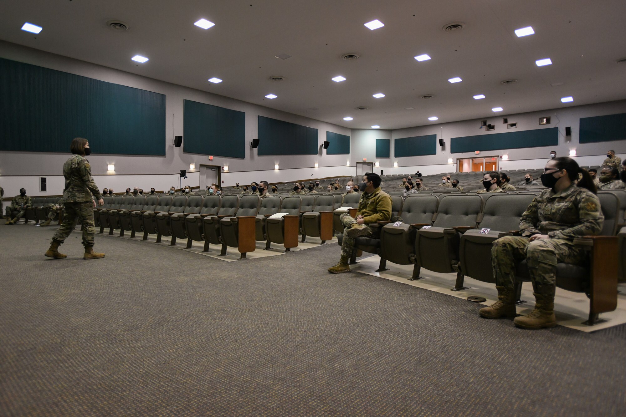 Chief Master Sgt. of the Air Force JoAnne Bass speaks to Joint Base Andrews Airmen at the Andrews Theater on JBA, Md., March 4, 2021.