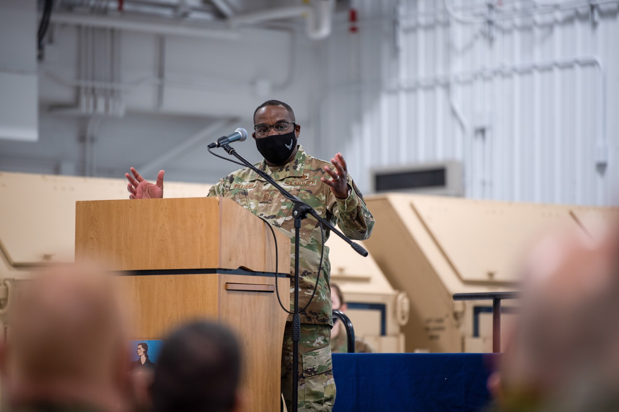 U.S. Air Force Chief Master Sgt. Maurice L. Williams, command chief, Air National Guard (ANG), addresses Airmen assigned to the 158th Fighter Wing, Vermont National Guard, during an SNCO induction ceremony.